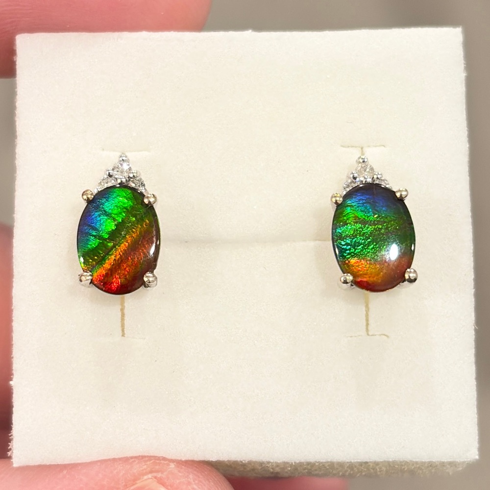 14K Ammolite Earrings Diamond Accent White Gold Rainbow AAA Oval Solitaire Studs - Picture 4 of 15